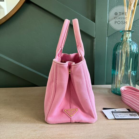 RARE Prada Canapa Small PINK Limited Striped Strap Tote Crossbody Bag - Picture 5 of 16